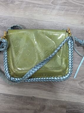 Olive Green Patent Crossbody with Braided Light Blue Strap